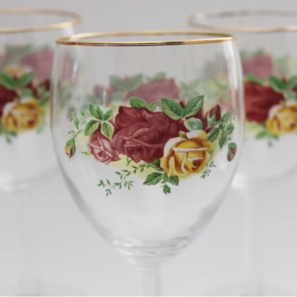 Vintage Royal Albert Old Country Roses Wine Glass Set Barware Burgundy Gold Rim